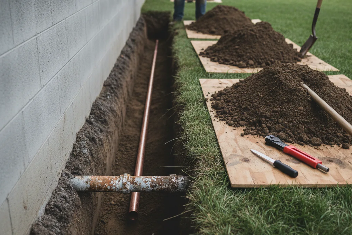 Excavated water line trench during Sewer Line Repair in Agness